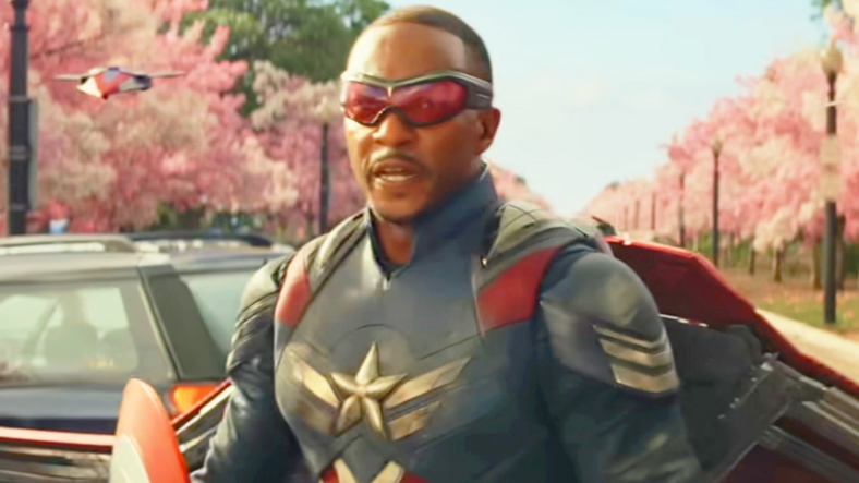 Sam Wilson (Anthony Mackie) braces himself for a fight with the Red Hulk (Harrison Ford) in Captain America: Brave New World (2025), Marvel Entertainment