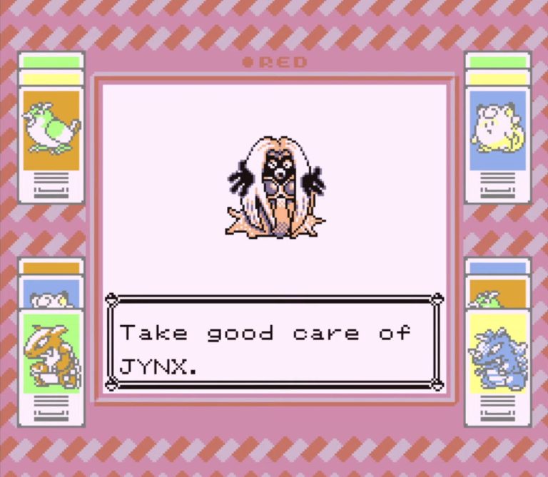 A player successfully trades for a Jinx in Pokémon Red (1996), Gamefreak/Nintendo (Extra UI added by the Super Gameboy SNES peripheral)