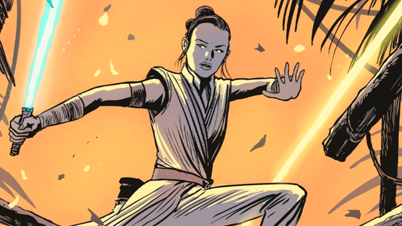 Rey dodges laser fire on Francesco Francavilla's cover to Star Wars Adventures Vol. 2 #1 (2020), IDW Publishing