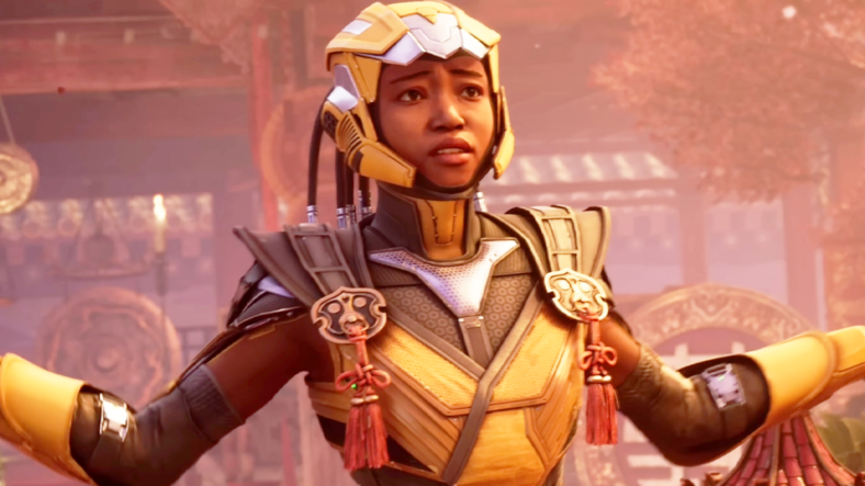 Cyrax (Enuka Okuma) attempts to plead her case for help to Liu Kang (Matthew Yang King) in Mortal Kombat 1 (2022), Warner Bros. Games