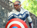 Sam Wilson (Anthony Mackie) lands ahead of his own sonic boom in Captain America: Brave New World (2025), Marvel Entertainment