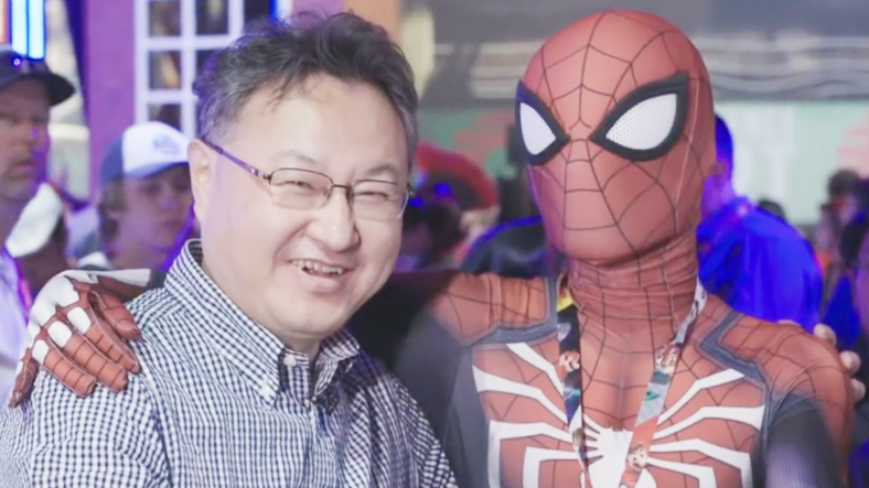 Shuhei Yoshida poses with a Spider-Man cosplayer at E3 2018, PlayStation Studios