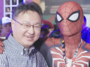 Shuhei Yoshida poses with a Spider-Man cosplayer at E3 2018, PlayStation Studios