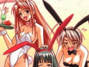 Naru, Motoko, and Mitsune serve up drinks on Ken Akamatsu's cover art to Love Hina: Secrets at Hinata Hotel (2002), Kodansha