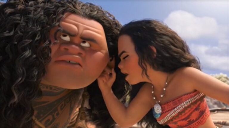 Moana (Auli'i Cravalho) pulling Maui's (Dwayne Johnson) ear in Moana-Disney Animation-2016