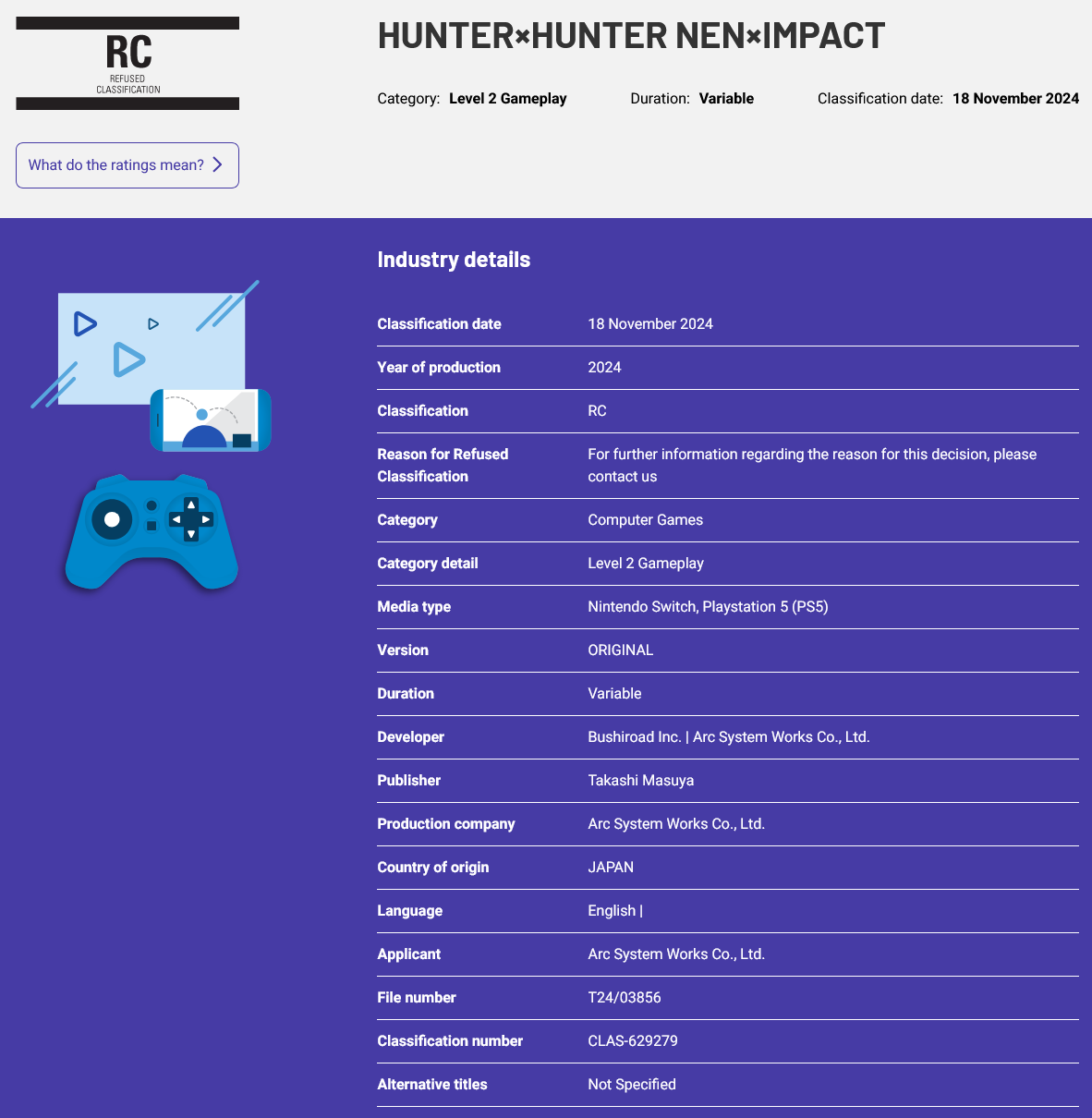 The Australian Classification Board's official entry for Hunter x Hunter Nen Impact (2024), Eighth Co. Ltd.