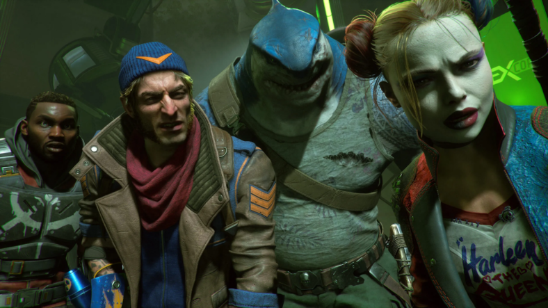 Deadshot (Bumper Robinson), Captain Boomerang (Daniel Lapaine), King Shark (Samoa Joe), and Harley Quinn (Tara Strong) stare on in various states of confusion and shock in Suicide Squad: Kill the Justice League (2024), Warner Bros. Games