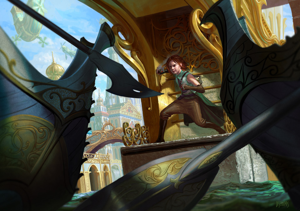 Chandra fends for herself via Card #135, Magic: The Gathering - Magic Origins (2015), Wizards of the Coast. Art by Eric Deschamps.