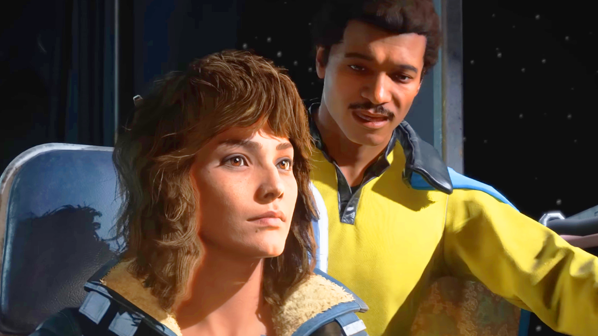 Kay Vess (Humberly González) and Lando (Lindsay Owen Pierre) prepare to jump into hyperspace in Star Wars Outlaws (2024), Ubisoft