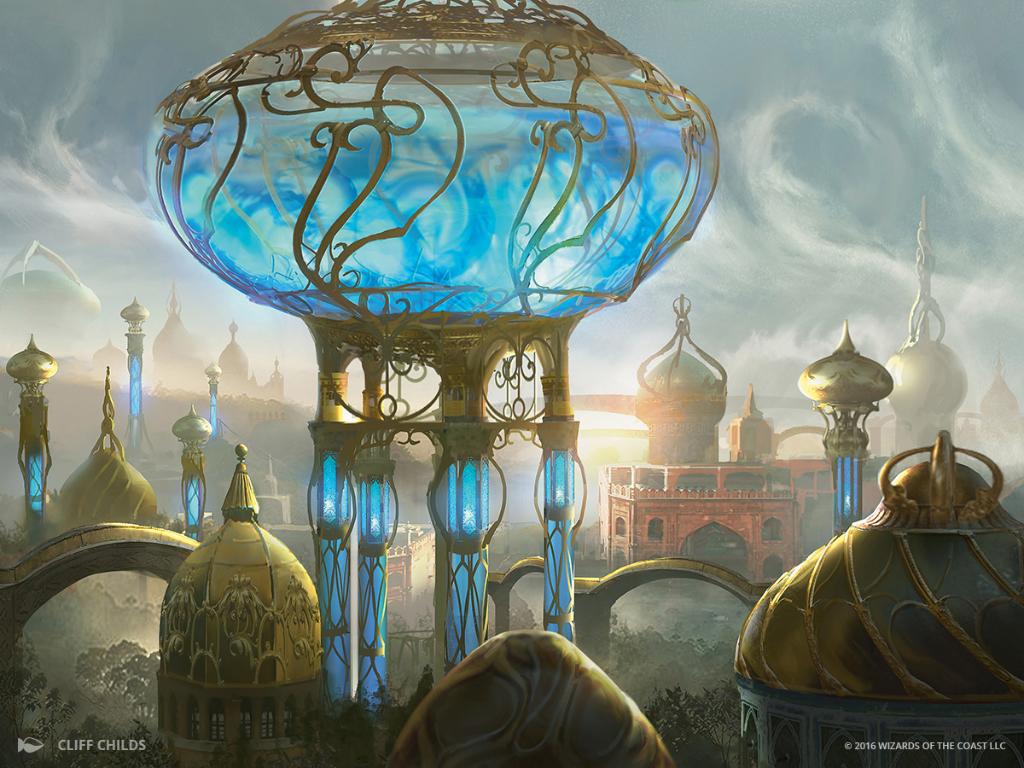 Kaladesh runs on Aether via Card #192, Magic: The Gathering - Kaladesh (2016), Wizards of the Coast. Art by Cliff Childs.