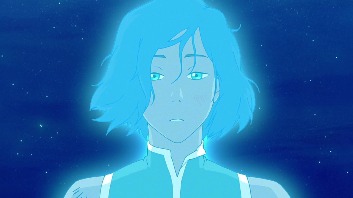 Korra (Janet Varney) enters into her Avatar State to redirect the energy from Kuvira's mech (Zelda Williams) in The Legend of Korra Season 4 Episode 13 "The Last Stand" (2014), Nickelodeon