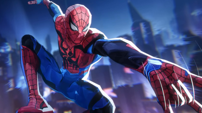 Spider-Man (Yuri Lowenthal) takes to the skies of Tokyo 2099 in Marvel Rivals (2024), NetEase