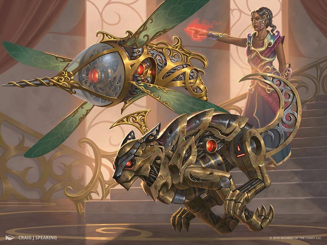 Saheeli unleashes her mechanical creations via Card #26, Magic: The Gathering - Commander (2018), Wizards of the Coast. Art by Craig J. Spearing.