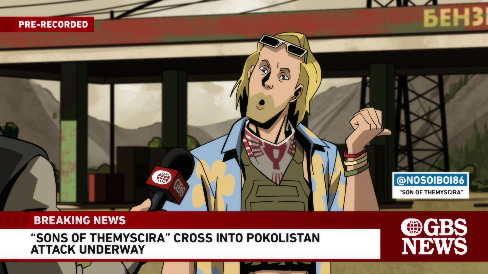 A member of the Sons of Themyscira (Alan Tudyk) demands entrance onto Paradise Island in Creature Commandos Season 1 Episode 1 "The Collywobbles" (2024), DC Studios