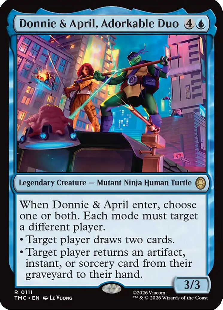 The Turtles' two most level-headed allies take on Krang's forces via Donnie & April, Adorkable Duo (Card #111), Magic: The Gathering – Teenage Mutant Ninja Turtles (2026), Wizards of the Coast. Art by Le Vuong.