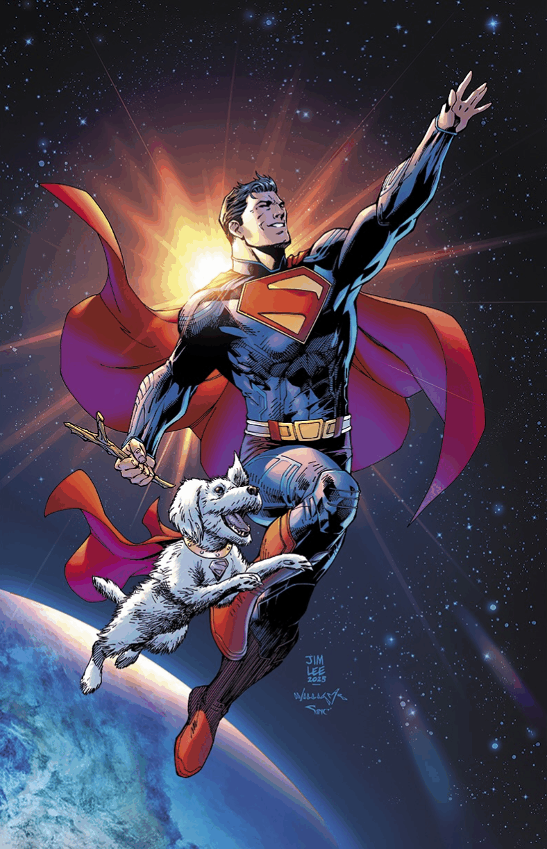 The Man of Steel plays around of fetch with Krypto on Jim Lee, Scott Williams, and Alex Sinclair's variant cover to Superman Unlimited Vol. 1 #1 "In the Blink of an Eye" (2025), DC