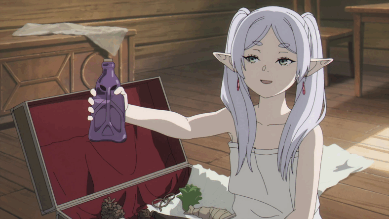Frieren (Atsumi Tanezaki) shows Fern (Kana Ichinose) the clothes dissolving potion she intends to gift stark (Chiaki Kobayashi) in Frieren: Beyond Journey's End Episode 12 "A Real Hero" (2024), Madhouse