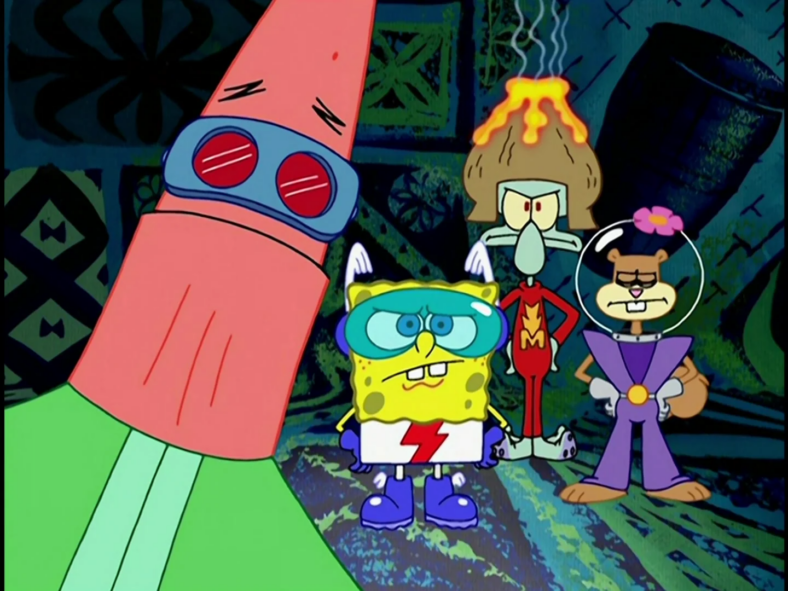 The International Justice League of Super Acquaintances assembles in SpongeBob SquarePants Season 3 Episode 52B "Mermaid Man and Barnacle Boy V" (2002), Nickelodeon