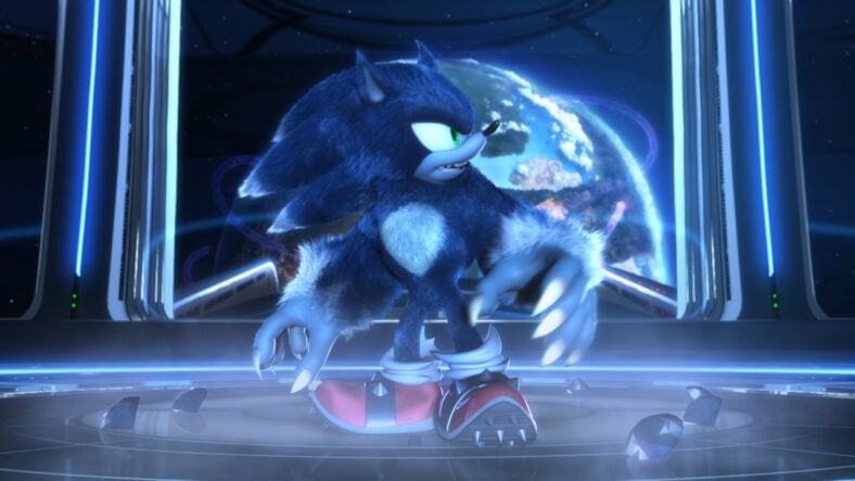 Sonic (Jason Griffith) moments after being turned into the Werehog and just about to be sucked out into space in Sonic Unleashed (2008), SEGA