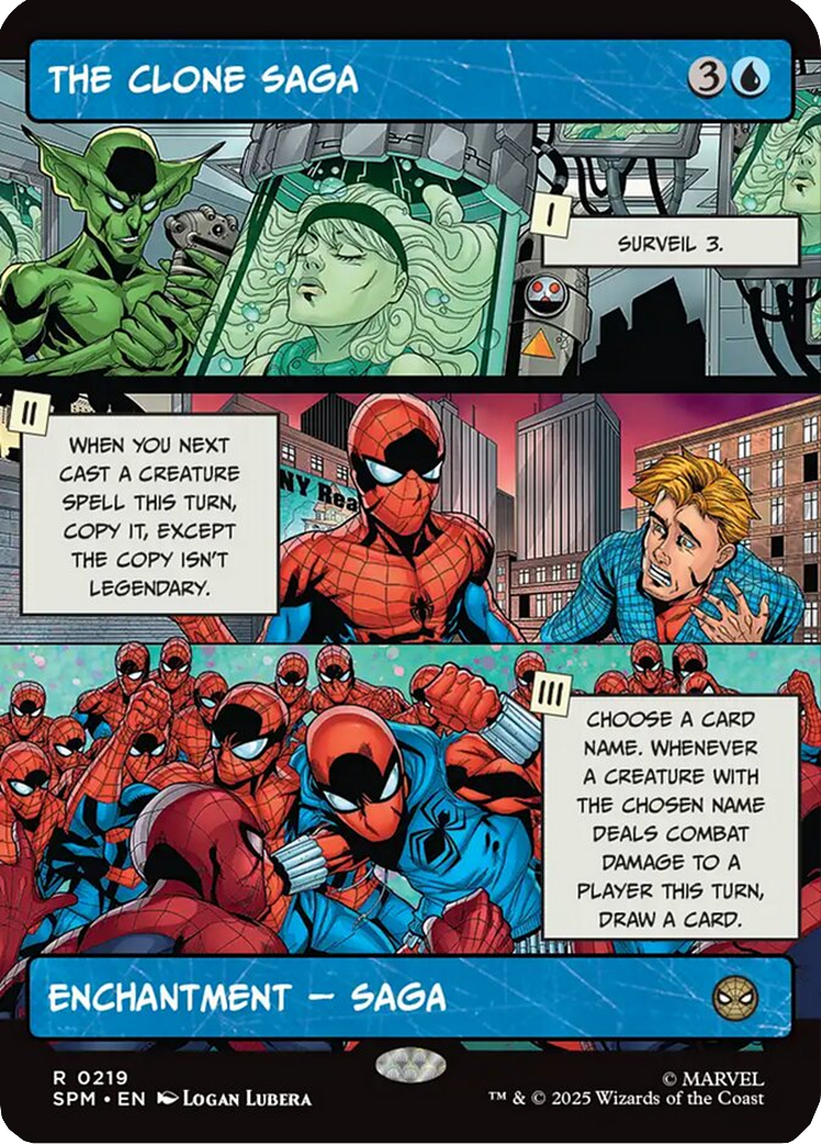 Peter Parker's life is thrown for a familiar-looking loop via The Clone Saga (Card #219) Magic: The Gathering – Marvel’s Spider-Man (2025), Wizards of the Coast. Art by Logan Lubera.