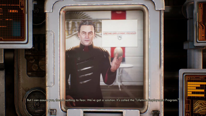 Chairman Rockwell (Crispin Freeman) explains the mechanics of Universal Defense Logistcs' Lifetime Employment Program in The Outer Worlds (2019), Obsidian Entertainment