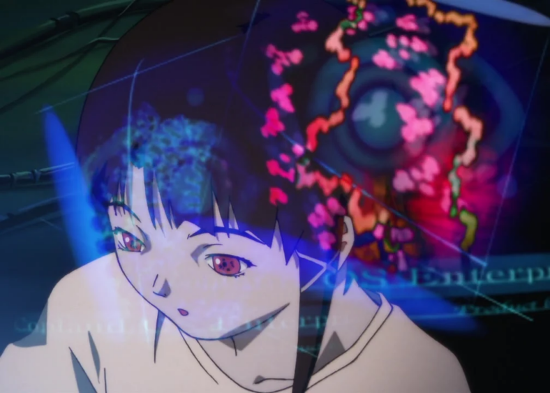 Lain (Kaori Shimizu) logs in to The Wired in Serial Experiments Lain Episode 7 "Layer 7" (1998), Triangle Staff