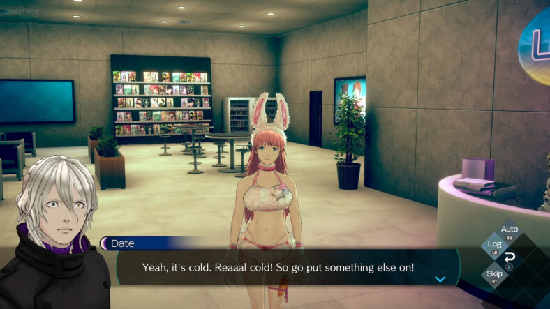 Kaname (Tarusuke Shingaki) is baffled by Iris' (Nao Shiraki) fashion choices in No Sleep For Kaname Date - From AI: The Somnium Files (2025), Spike Chunsoft