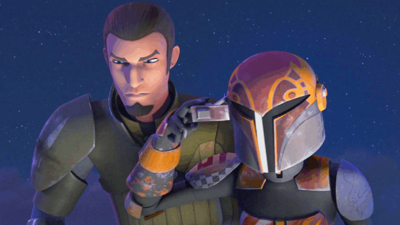 Kanan (Freddie Prinze Jr.) and Sabine (Tiya Sircar) stake out a Protectors' camp in Star Wars Rebels Season 2 Episode 13 "The Protector of Concord Dawn" (2016), Disney
