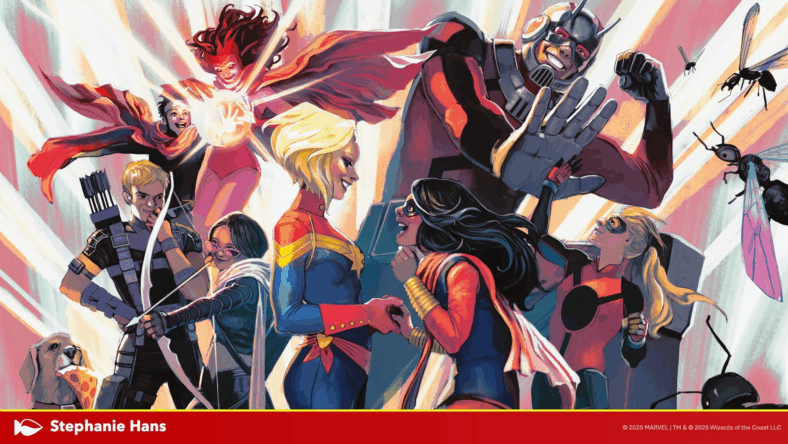 Captain Marvel, Ant-Man, Scarlet Witch, and Hawkeye pass the torch to Ms. Marvel, Stature, Wiccan, and Kate Bishop via TBA (Card #TBA), Magic: The Gathering - Marvel Universe (2026), Wizards of the Coast. Art by Stephanie Hans.