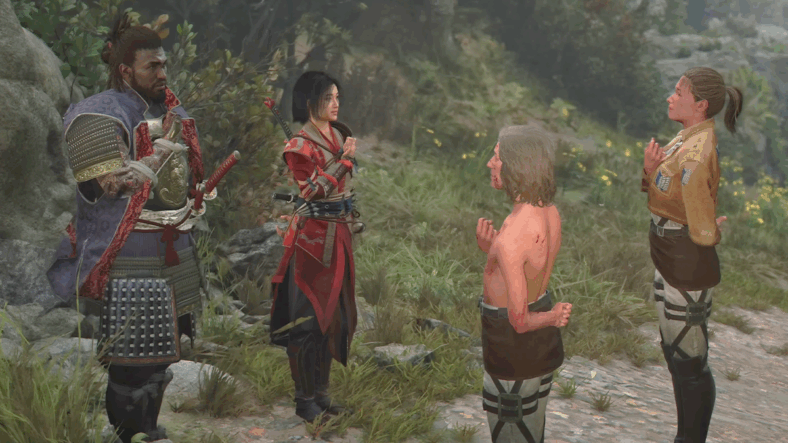Yasuke (Tongayi Chirisa), Naoe (Masumi Tsunoda), Gautwin (TBA) and Ada (TBA) say farewell with a Survey Corps salute in Assassin's Creed Shadows x Attack on Titan (2025), Ubisoft