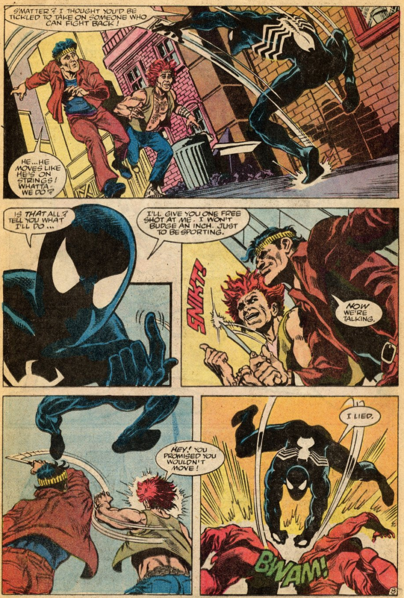 Spider-Man lets loose against a group of muggers who just attacked Aunt May's new tenant, Mr. Popchik, in Peter Parker, The Spectacular Spider-Man Vol. 1 #107 (1985), Marvel Comics. Words by Peter David, art by Rich Buckler, Brett Breeding, Bob Sharen, and Phil Felix.