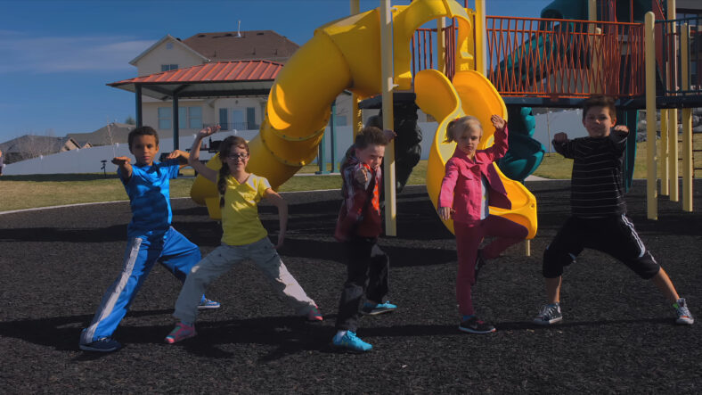 Alo Ramirez, Asia George, Ashton Myler, Payton Myler, and Andreik Tapia tap into the Morphin' Grid in  The Power Rangers Ninja Kidz Movie (2022), The Ninja Kidz