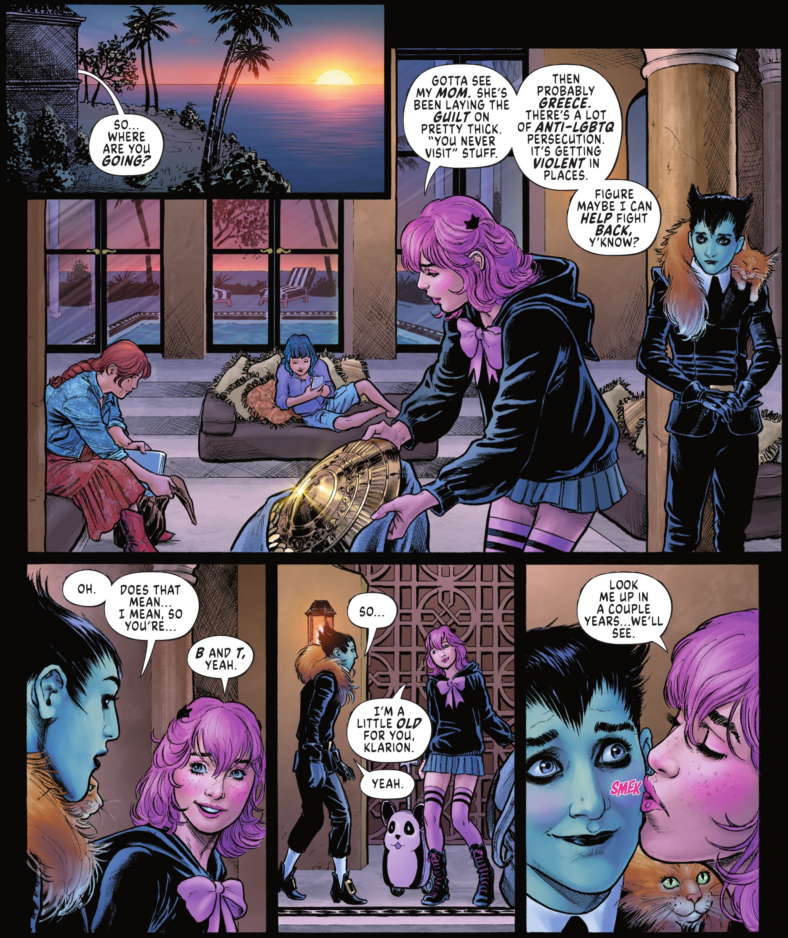 Featherweight turns down Klarion in Cheetah and Cheshire Rob the Justice League Vol. 1 #6 (2025), DC. Words by Greg Rucka, art by Nicola Scott, Annette Kwok, and Troy Peteri.