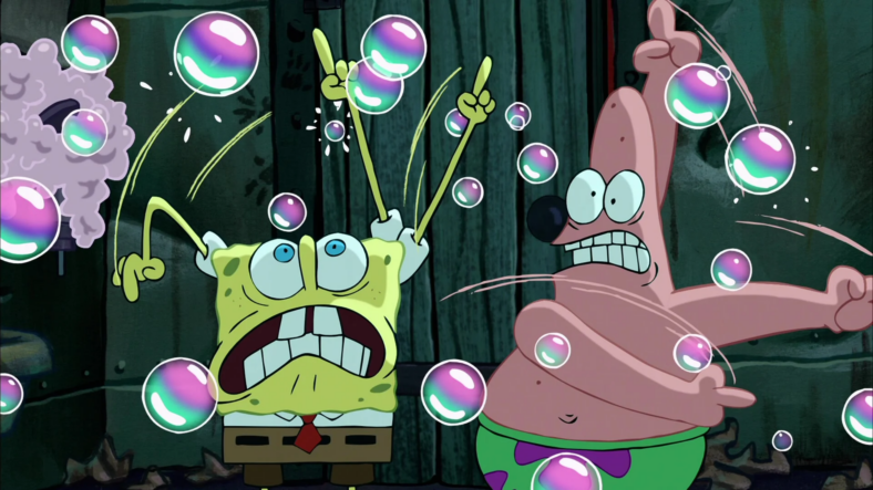 SpongeBob (Tom Kenny) and Patrick (Bill Fagerbakke) freak out after being caught playing with bubbles in the Thug Tug in The SpongeBob SquarePants Movie (2004), Nickelodeon