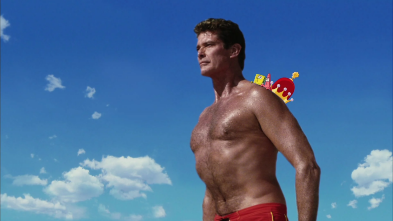 SpongeBob (Tom Kenny) and Patrick (Bill Fagerbakke) receive some help from an unlikely ally (David Hasselhoff) in The SpongeBob SquarePants Movie (2004), Nickelodeon