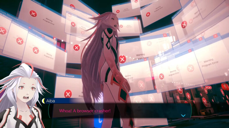 Aiba (Akari Kito) runs into a wall of pop-ups in No Sleep For Kaname Date - From AI: The Somnium Files (2025), Spike Chunsoft