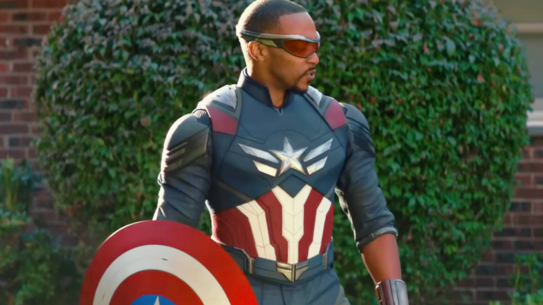 Sam Wilson (Anthony Mackie) makes a personal visit to a family protected by home insurance in an American Family Insurance-sponsored ad for Captain America: Brave New World (2025), Marvel Entertainment