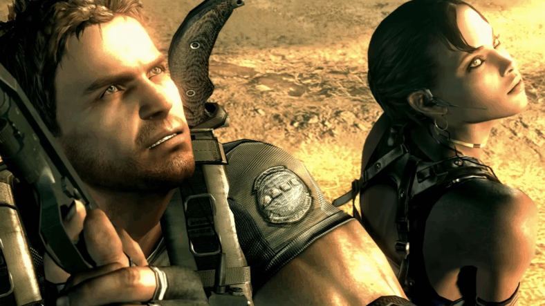 Chris (Roger Craig Smith) and Sheva (Karen Dyer) are bewildered at their first sight of the Popokarimu in Resident Evil 5 (2009), Capcom
