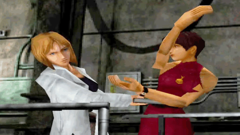 Ada Wong (Sally Cahill) fights off Annette Birkin (Jennifer) in Resident Evil 2 (1998), Capcom