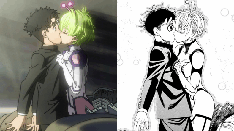 Vamola (TBA) kisses Ken (Natsuki Hanae) in Dandadan Episode 24 "Clash! Space Kaiju vs. Giant Robot!" (2025), Science Saru Crunchyroll / Vamola kisses Ken in Dandadan Ch. 71 "I'm Sick of Robots and Kaiju!" (2022), Shueisha. Words and art by Yukinobu Tatsu.