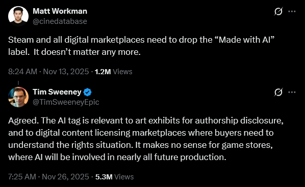 Epic Games CEO argues against generative AI identification in video games.