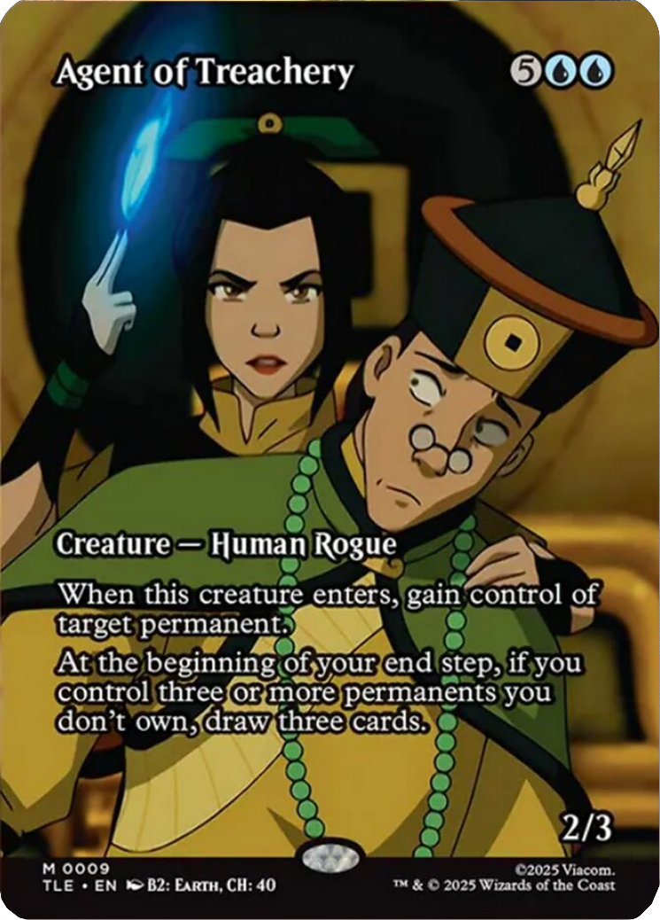 Azula (Grey Lisle-Griffin) betrays King Kuei against the Earth Kingdom's rebels via Agent of Treachery (Card #009), Magic: The Gathering - Avatar: The Last Airbender Eternal (2025), Wizards of the Coast. Art by Viacom.