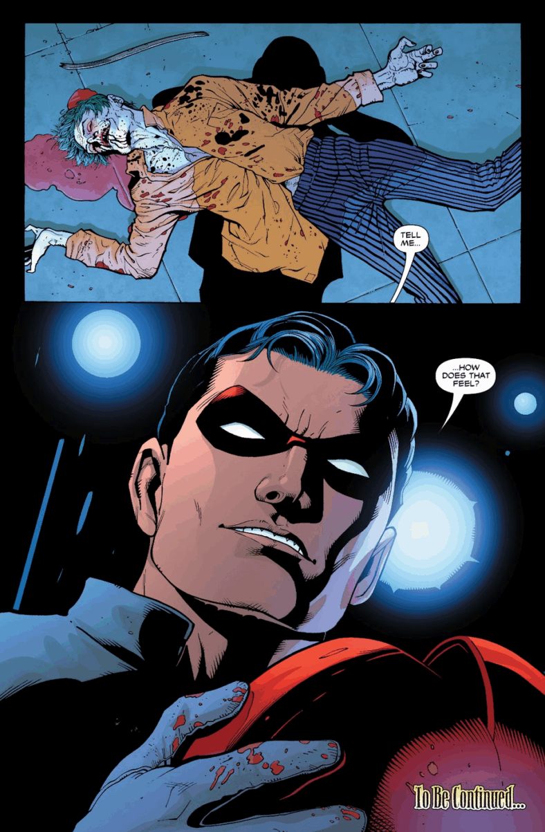 Jason Todd takes revenge upon the Joker in Batman Vol. 1 #638 "Under the Hood, Part 4: Bidding War" (2005), DC. Words by Judd Winick, art by Dough Mahnke, Tom Nguyen, Alex Sinclair, and Pat Brosseau.