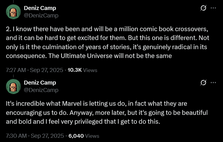 'Ultimate Endgame' writer Deniz Camp teases the miniseries' consequences for Marvel Comics' Ultimate Universe.