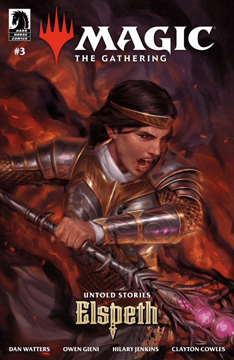 Elspeth lungs forth with the Shadowspear at the ready on Kieran Yanner's variant cover to Magic: The Gathering: Untold Stories - Elspeth Vol. 1 #3 (2025), Dark Horse Comics