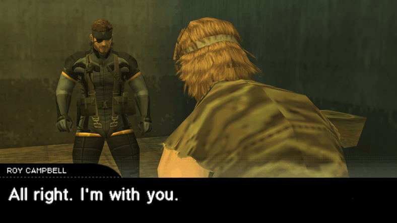 Big Boss (Akio Ōtsuka) comes to the rescue of Roy Campbell (Toshio Furukawa) in Metal Gear Solid: Portable Ops (2006), Konami