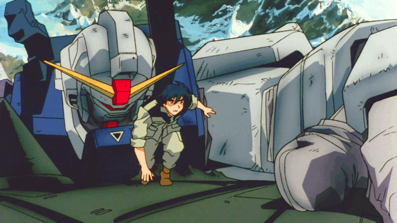 Shiro Amada (Nobuyuki Hiyama) takes an on-foot approach to confronting the enemy Zaku pilot in Mobile Suit Gundam: The 08th MS Team Episode 7 "Reunion" (2001), Sunrise 