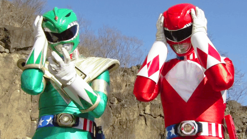 DragonRanger (Takeshi Kusao) and TyrannoRanger (Tomokazu Seki) begin to wake up from their American brainwashing in Unofficial Sentai Akibaranger Season 2, Episode 5 "Delusional Imports" (2013), Toei Co. Ltd.