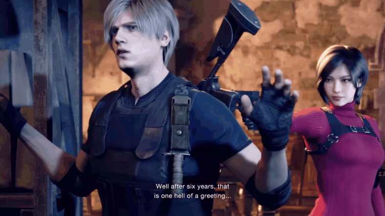 Ada Wong (Junko Minagawa) takes Leon (Toshiyuki Morikawa) by surprise in Resident Evil 4 Remake (2023), Capcom