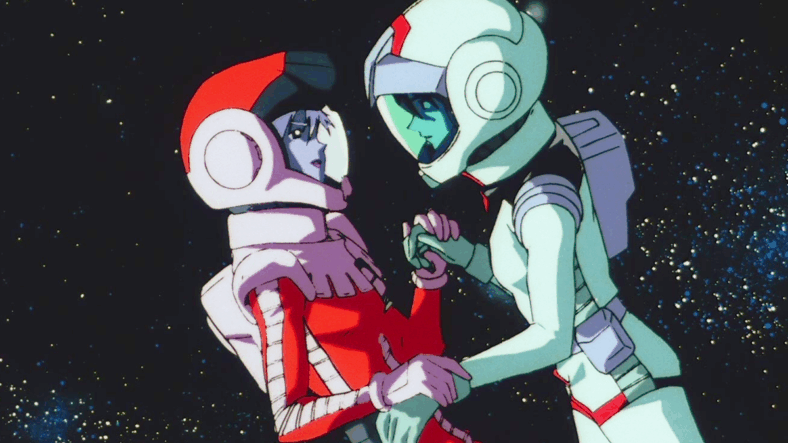 Shiro Amada (Nobuyuki Hiyama) and Aina Sahalin (Kikuko Inoue) feel a fire igniting between them in Mobile Suit Gundam: The 08th MS Team Episode 1 "War for Two" (2001), Sunrise